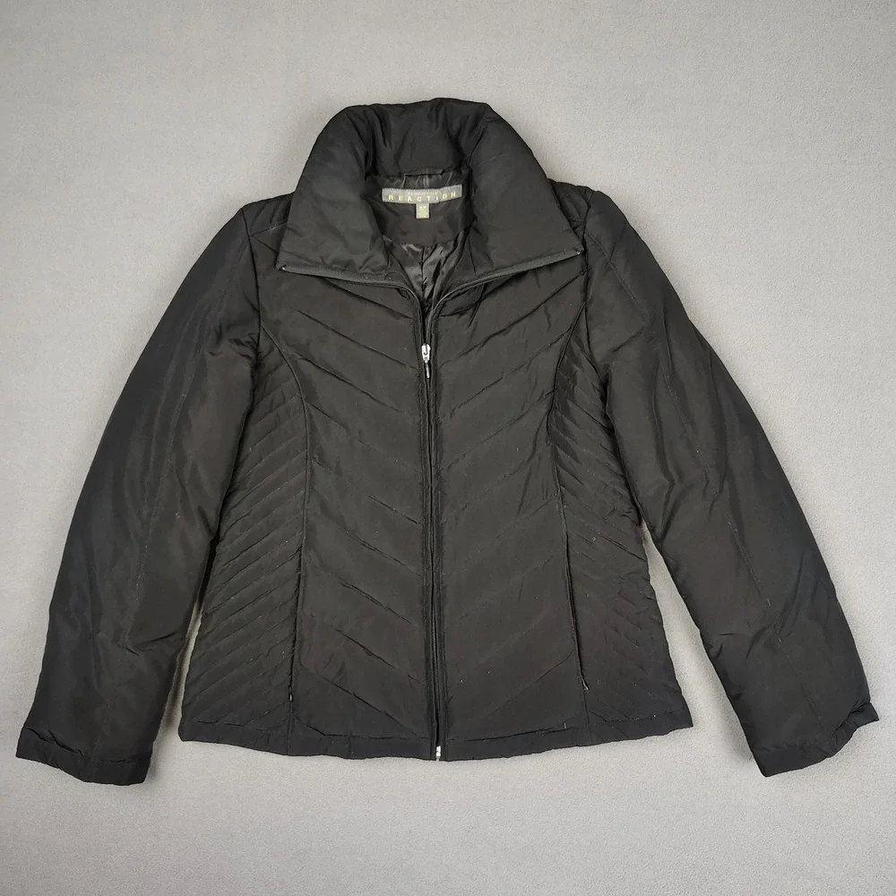 Kenneth Cole Down Puffer Jacket Women Medium Black Insulated Full Zip Coat